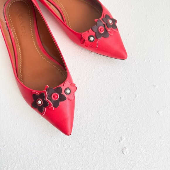 Coach Tea Rose Red Leather Floral Pointy Toe Flats 7.5 - Picture 2 of 10